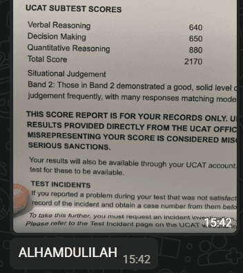 Student UCAT score 2170 Band 2 with 880 Quantitative Reasoning